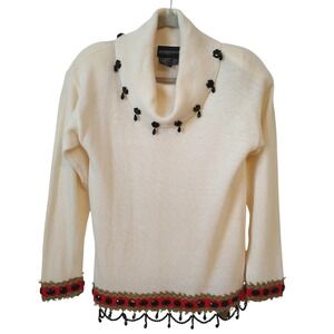 Vintage 1990 Spree International Sweater Medium Ivory Beaded‎ Angora Lambswool